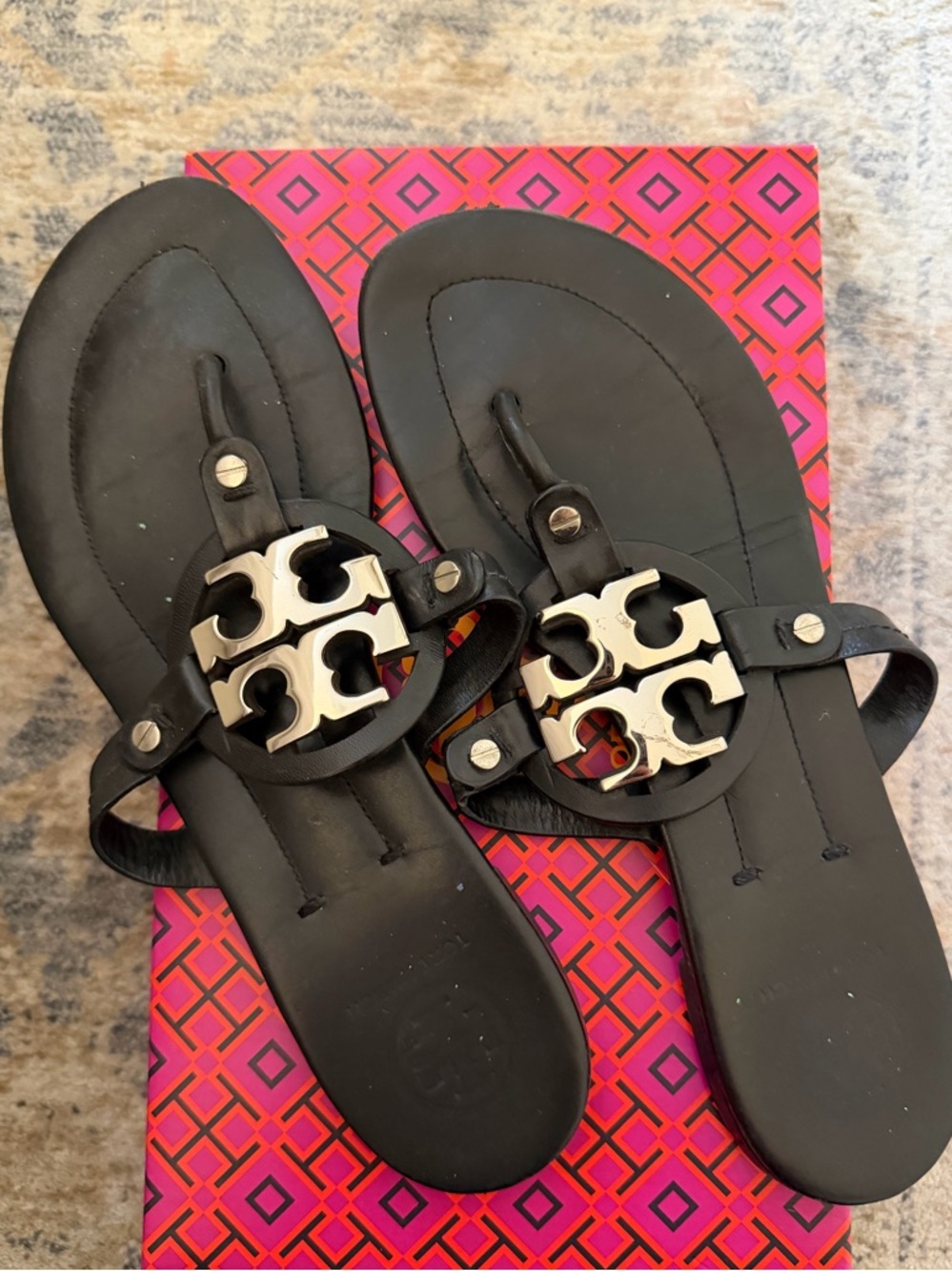 Tory Burch Miller Sandal- Black with Silver logo size 10